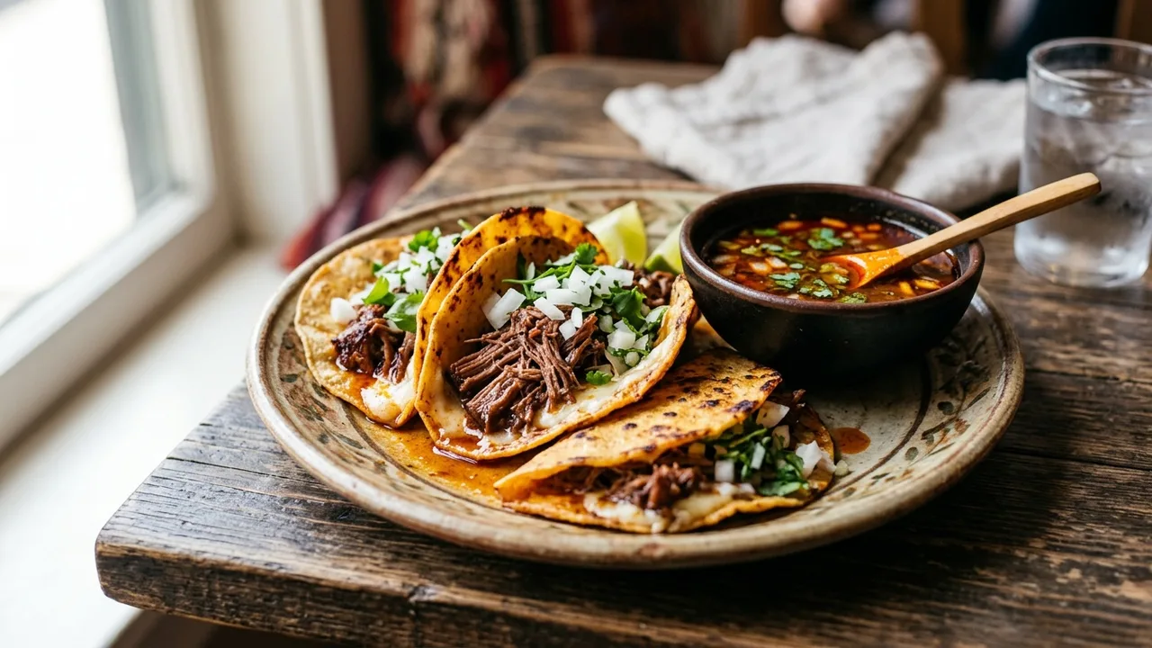 Fat Charles BBQ birria brisket tacos with consomme dipping sauce