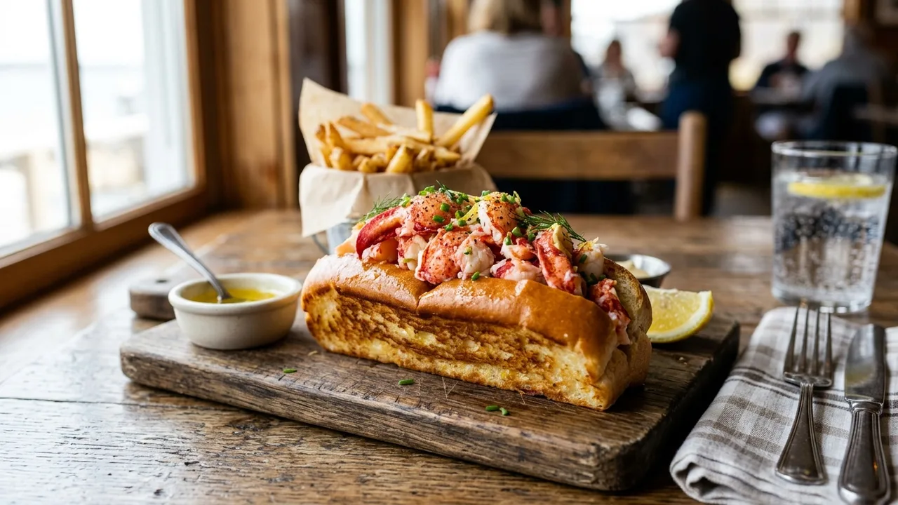 Cousins Maine Lobster roll with fresh Maine lobster on split-top bun