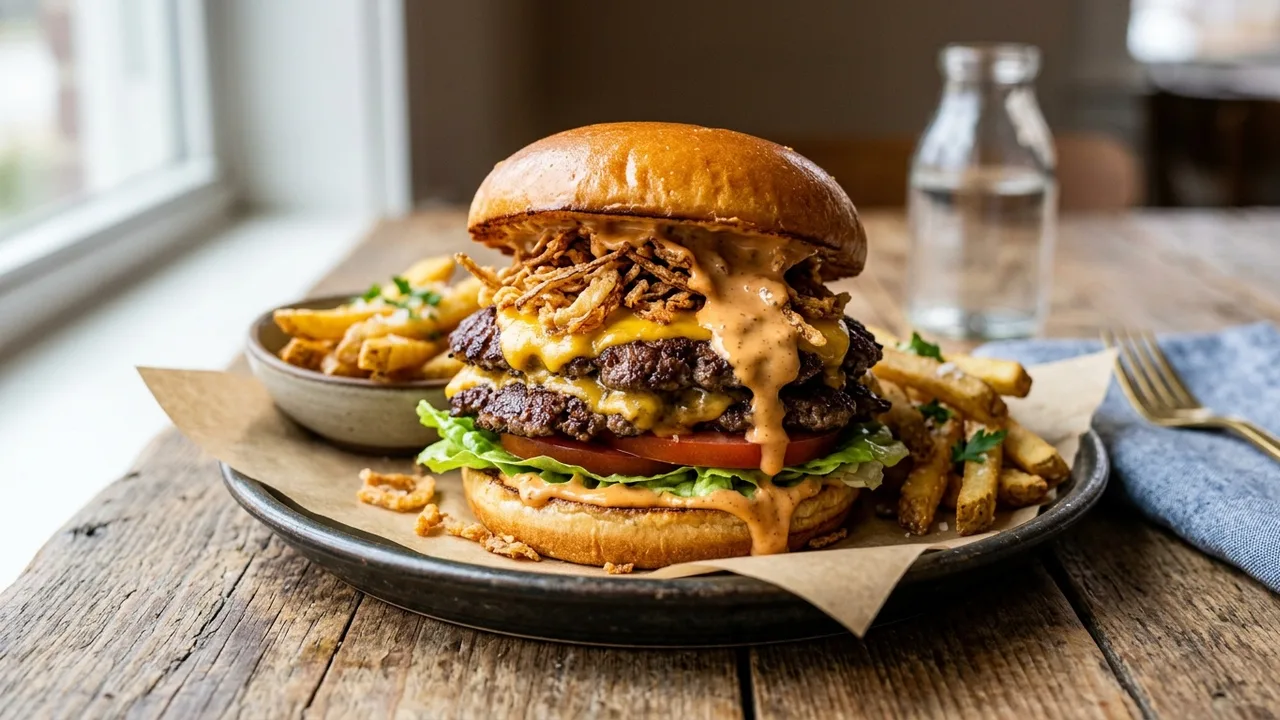 The Current at Cahaba smash burger with fried shallots and comeback sauce