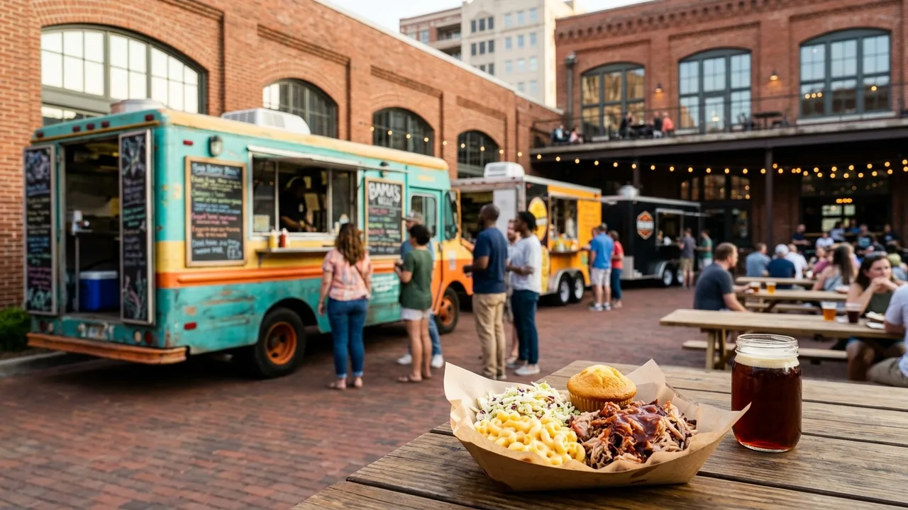 Alabama food trucks in Birmingham with craft brewery setting and Southern downtown buildings