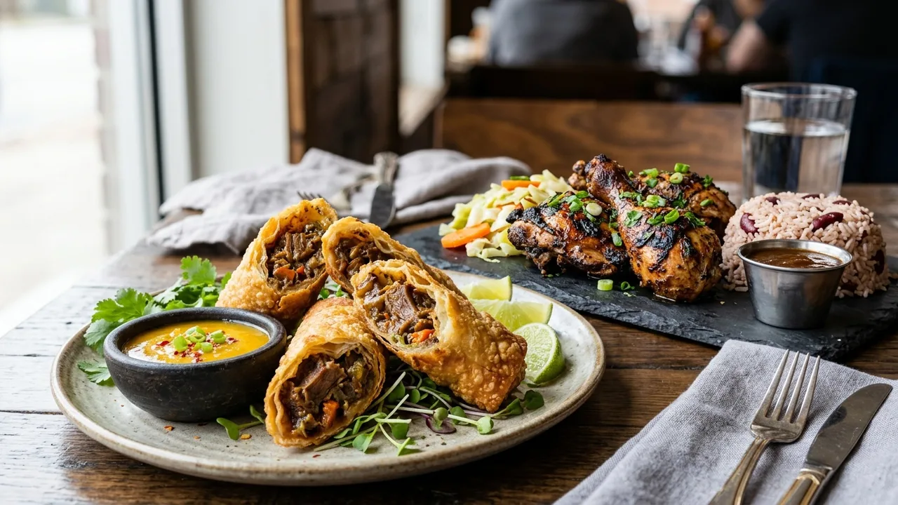 Bussin Jerk ATL oxtail eggrolls and jerk chicken