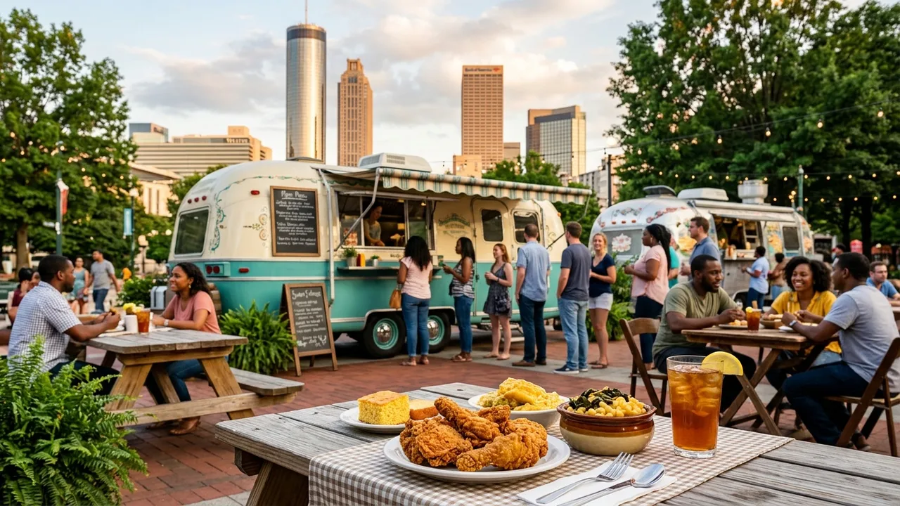 Atlanta food trucks with downtown skyline and Southern charm
