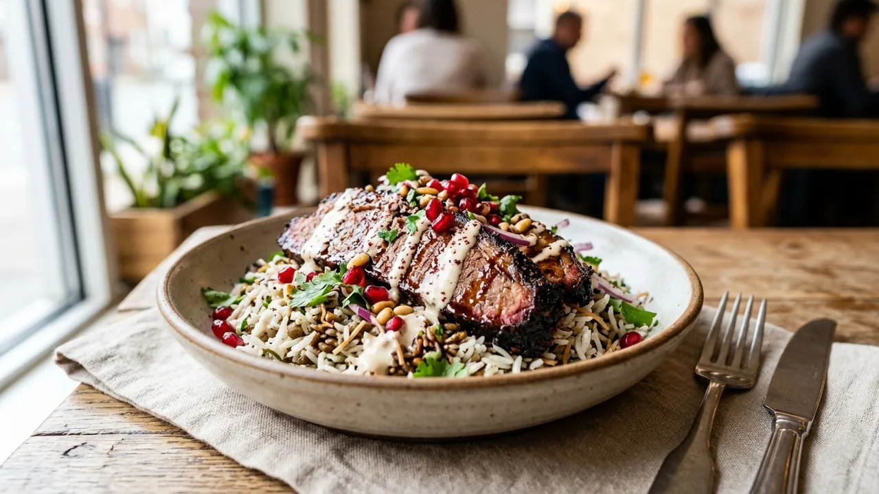 KG BBQ Egyptian-Texas fusion brisket rice bowl with tahini and pomegranate