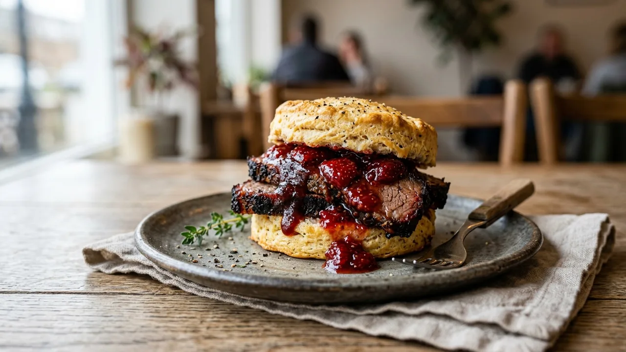 Briscuits BBQ brisket biscuit with smoked strawberry jam