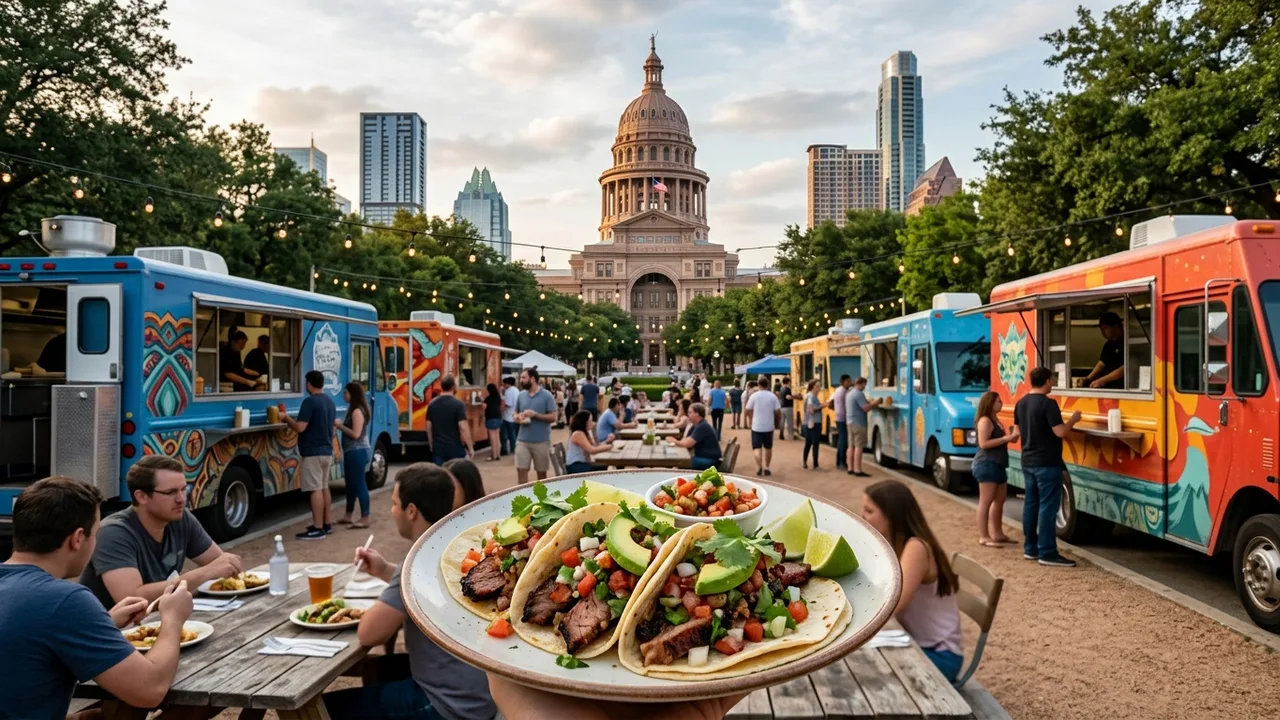Austin Texas food trucks with downtown skyline and Texas State Capitol