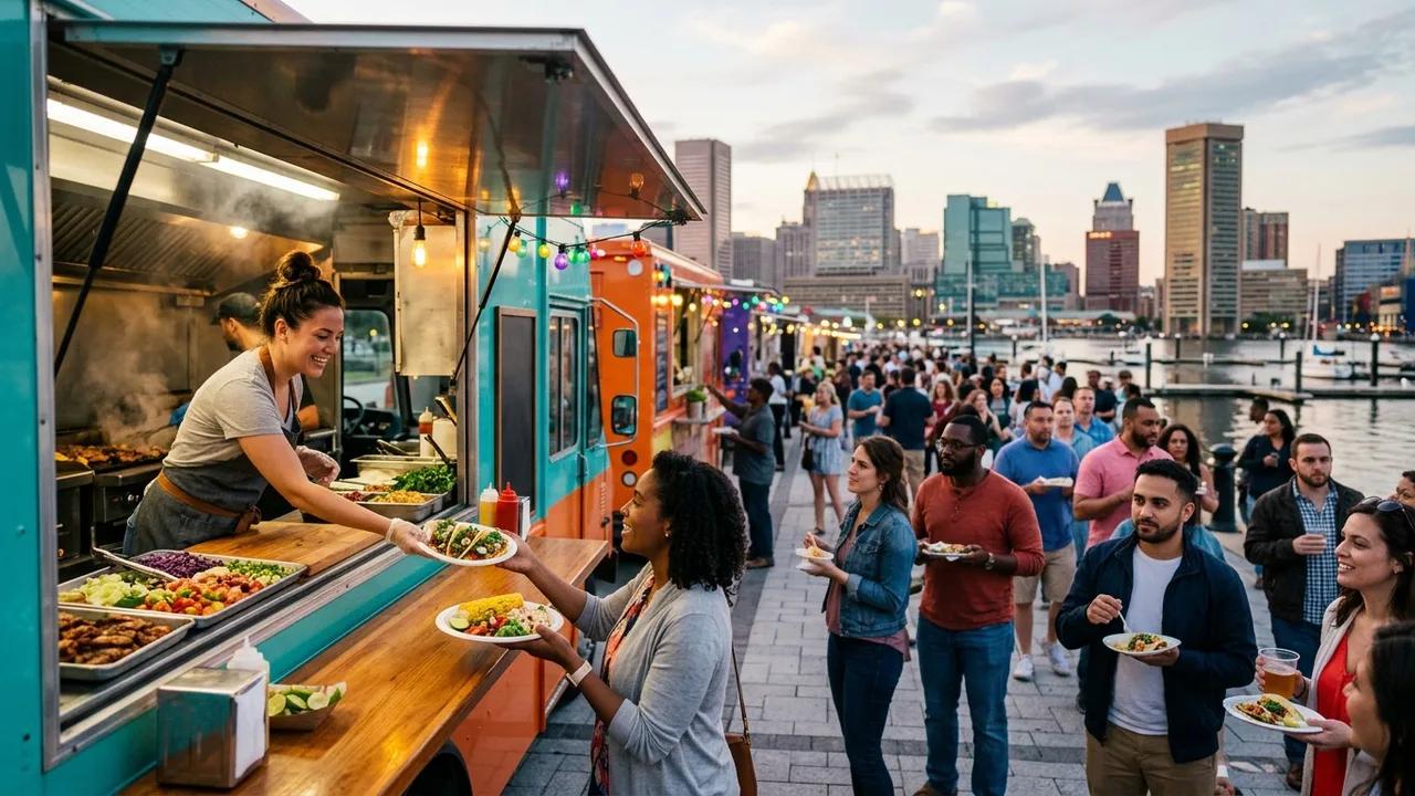 Baltimore food truck festival with diverse food trucks serving crowds near the Inner Harbor with the city skyline in the background