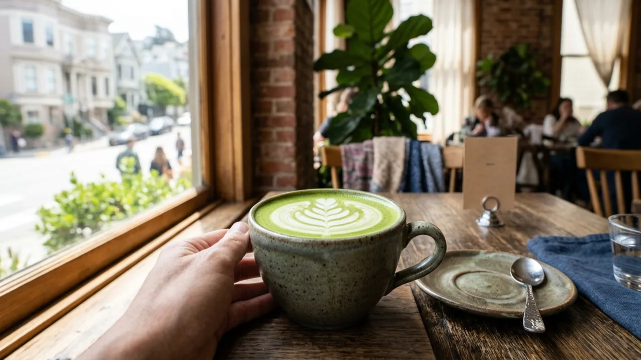 Artisanal matcha latte with beautiful foam art in a San Francisco cafe setting