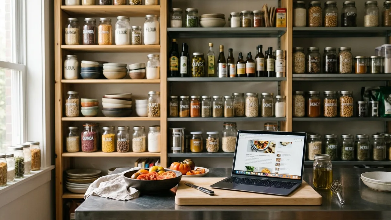 A bright commercial kitchen pantry with neatly organized shelves of labeled ingredients and a laptop resting on a clean prep counter, editorial style
