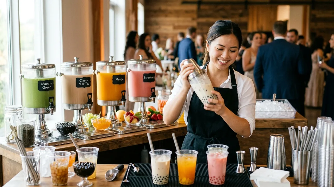 Professional boba tea catering station with bobarista shaking drinks and colorful tea dispensers