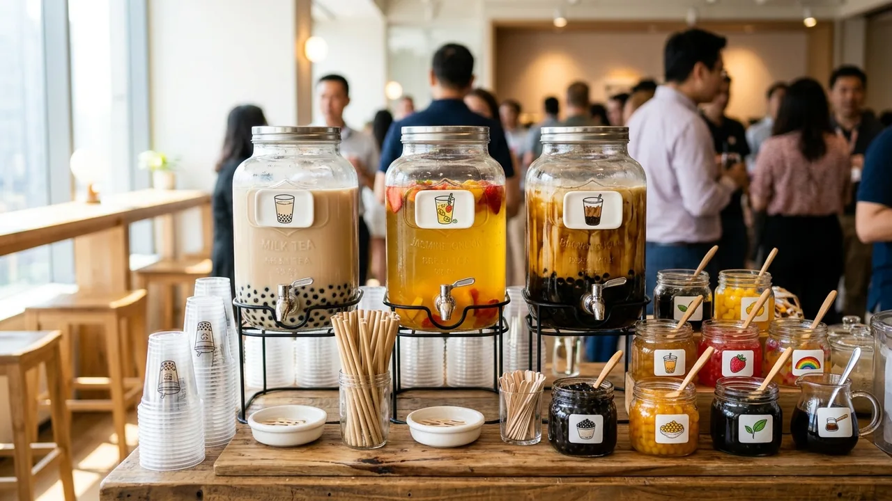 Self-serve boba tea station with glass dispensers and organized toppings at corporate event