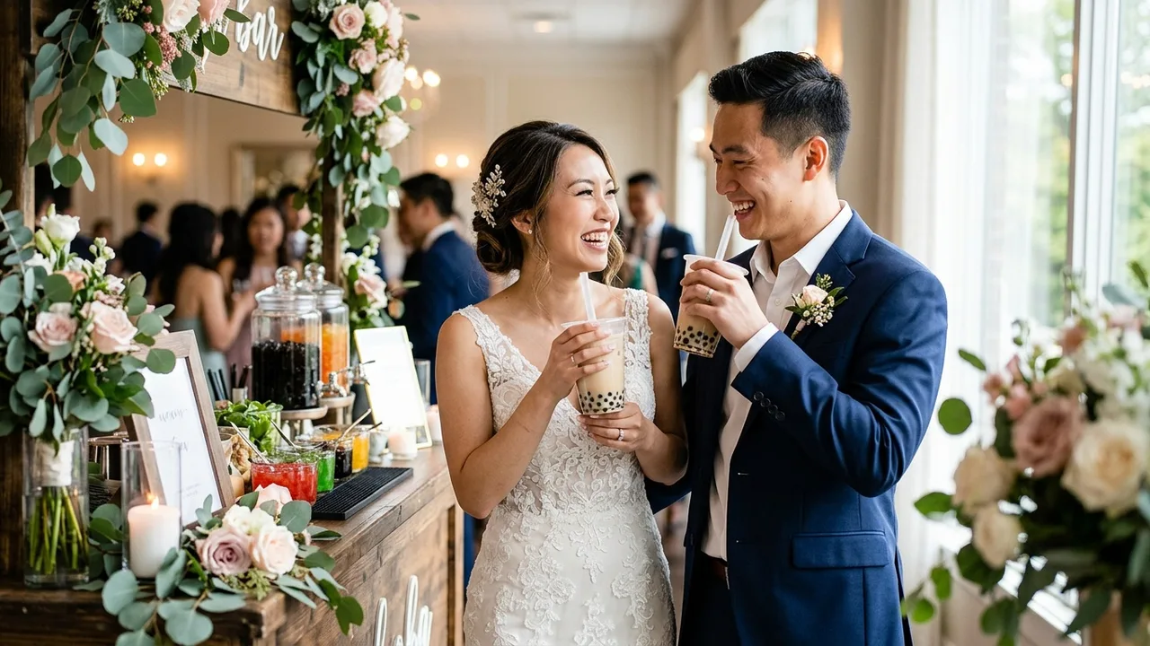 Boba tea bar at wedding reception with bride and groom enjoying bubble tea