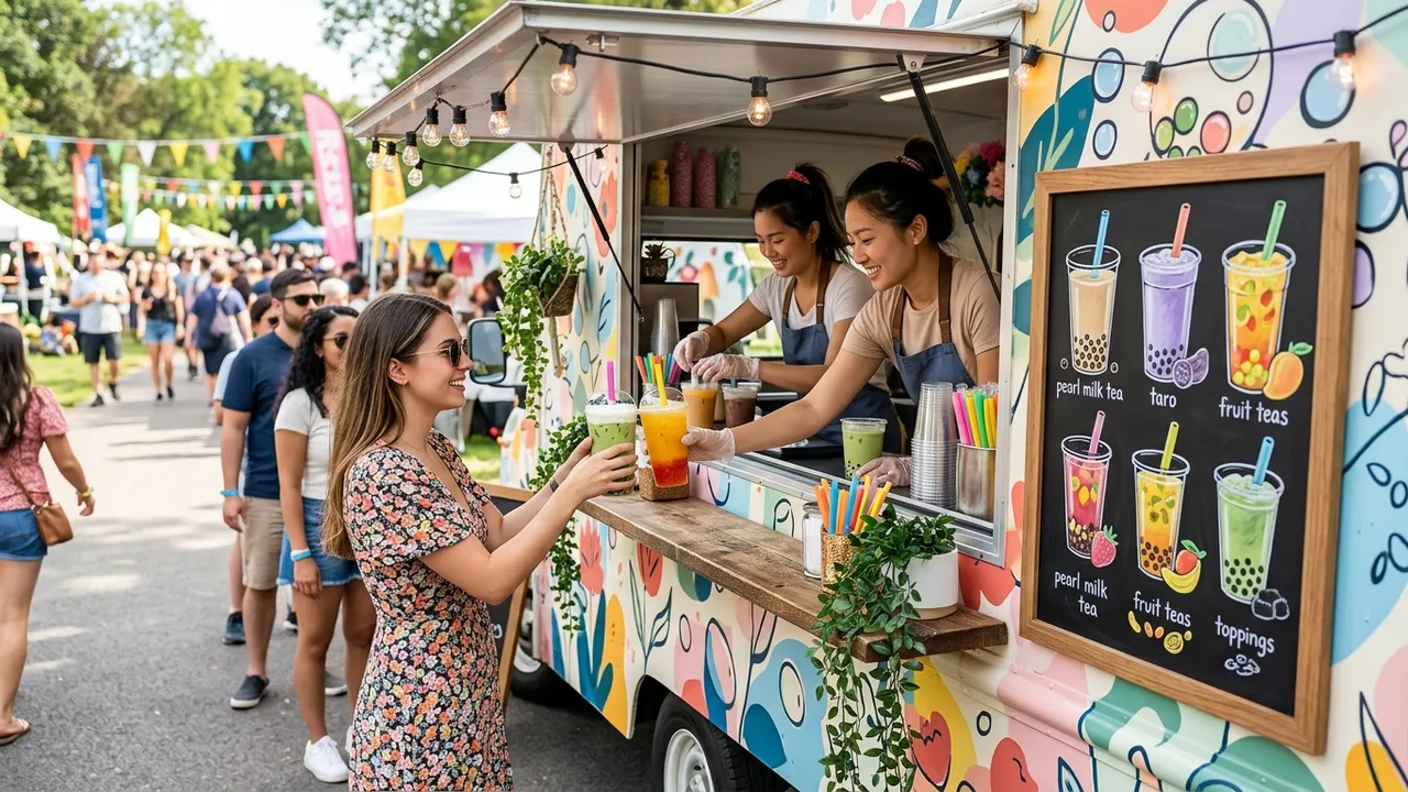 Mobile boba tea truck serving customers at outdoor festival with colorful menu