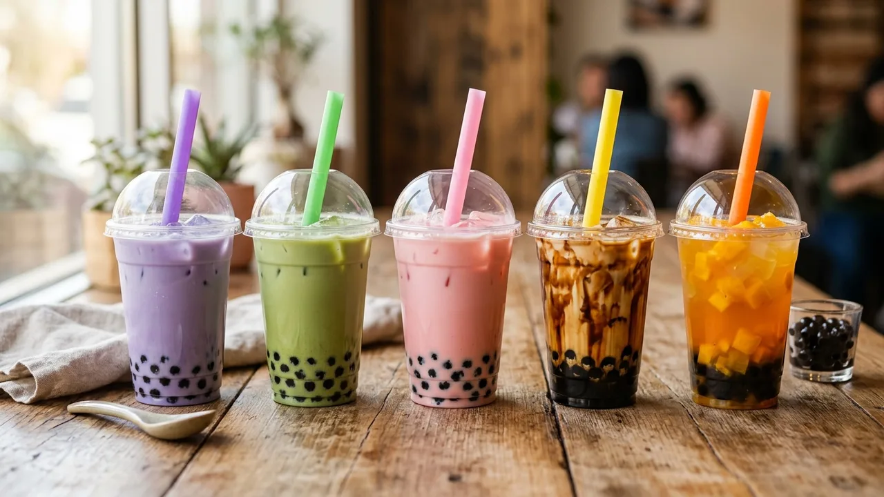 Variety of colorful boba tea drinks with tapioca pearls in clear cups