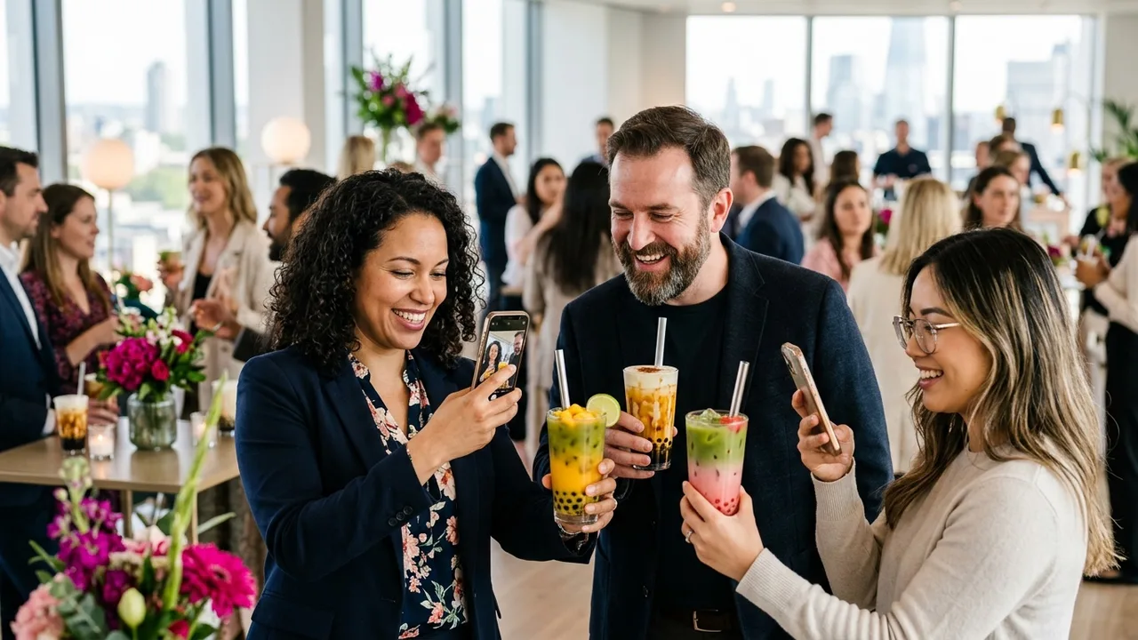 Guests enjoying boba tea and taking photos at corporate event