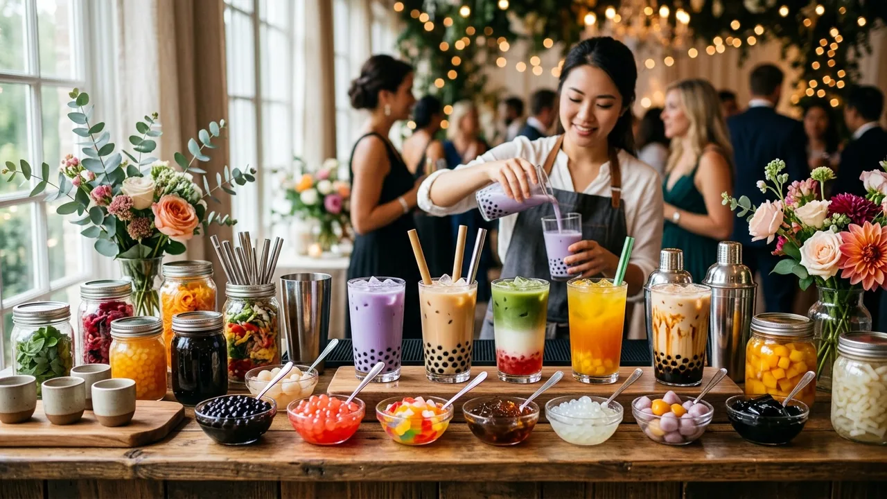 Colorful boba tea bar station with multiple flavors and toppings at elegant event