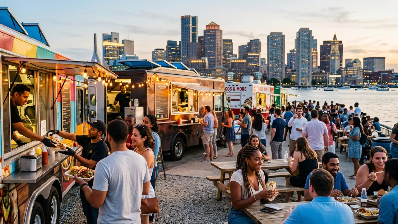 Boston food truck festival with diverse food trucks serving crowds near the Boston waterfront with city skyline in background