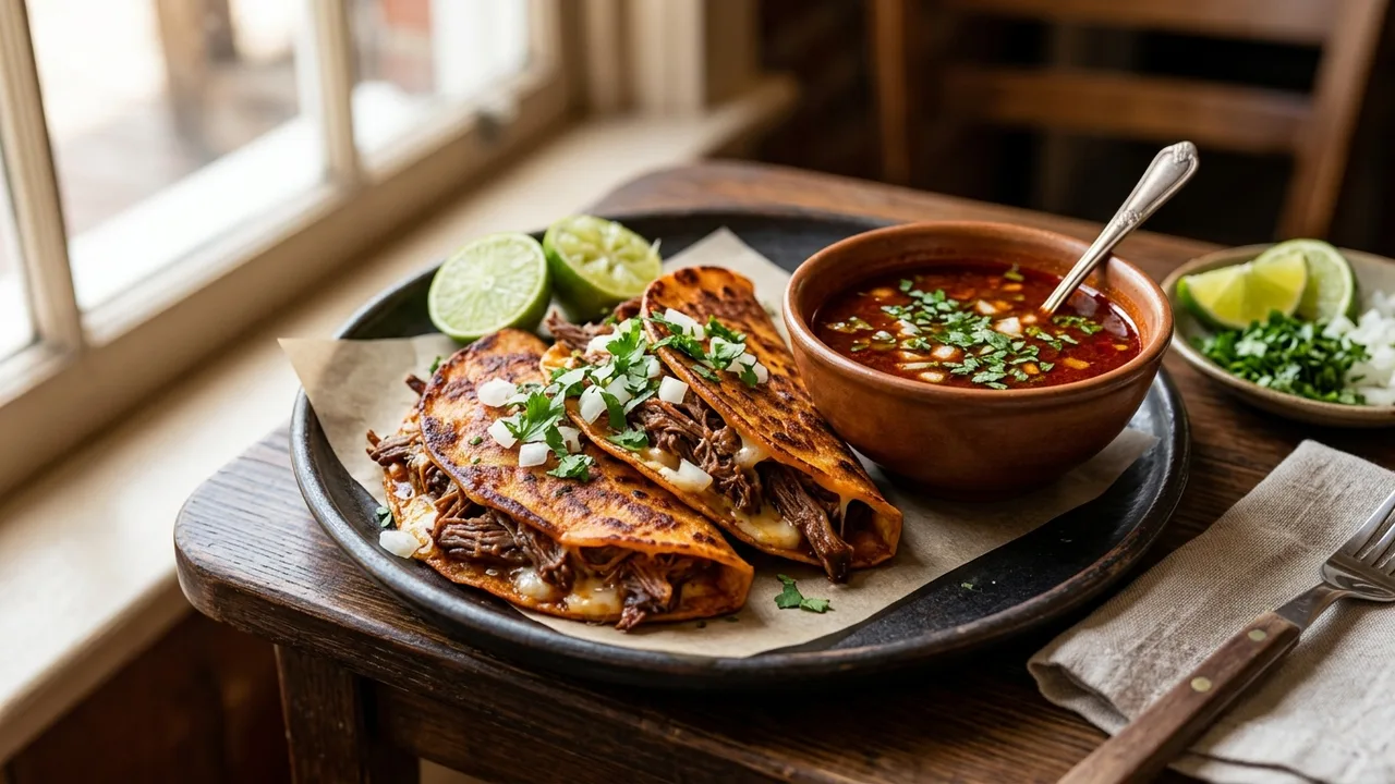 Birria-Landia birria tacos with consomé broth