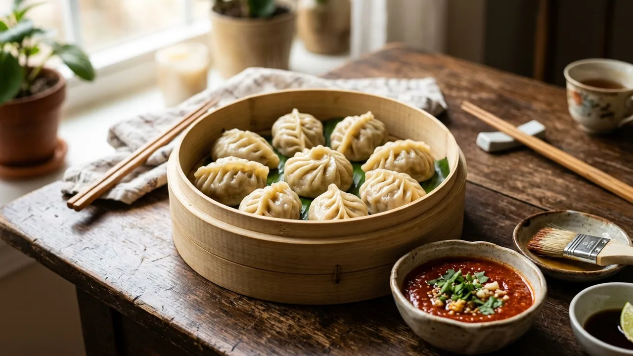 Mom's Momo Tibetan steamed dumplings with sauce