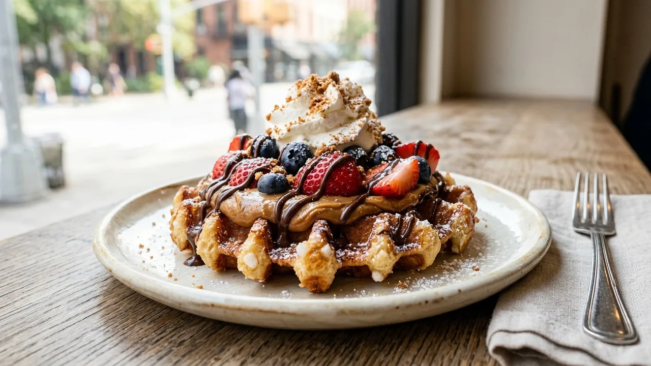 Wafels & Dinges Belgian Liège waffle with toppings