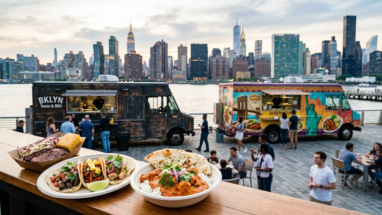 Brooklyn and Queens food trucks with NYC skyline