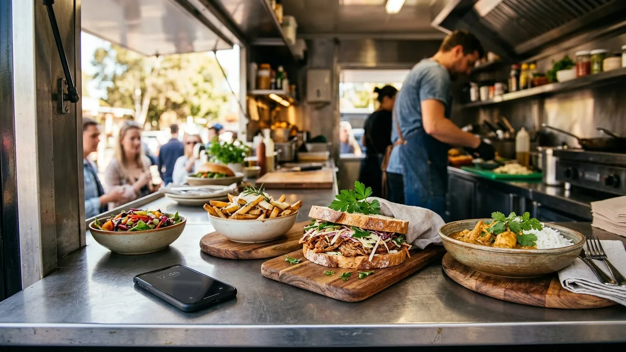 A gourmet food truck service window at lunchtime with freshly prepared dishes ready to serve and a smartphone on the steel counter, warm daylight