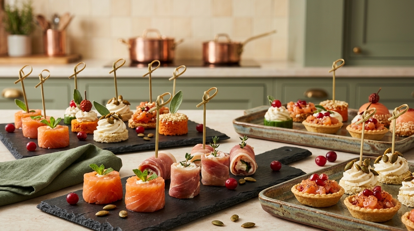 Gourmet autumn catering appetizers and finger foods displayed on platters in a commercial kitchen with deep green and cream accents