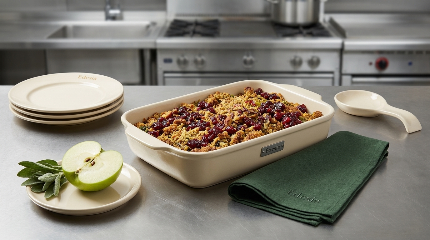 A 16:9 commercial kitchen photograph of a scratch baked Thanksgiving holiday side casserole with cranberry glaze and fresh sage herbs on a stainless prep table.
