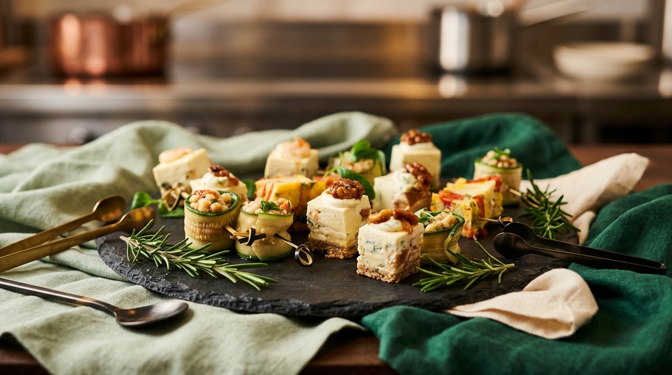 Gourmet catering appetizers and savory canapes arranged on an elegant slate platter with deep green and cream accents for a winter cocktail party.