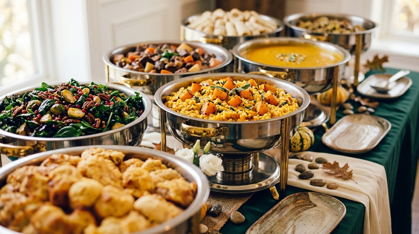 Commercial catering buffet table with elegant chafing dishes, autumn seasonal dishes, and sage green linens