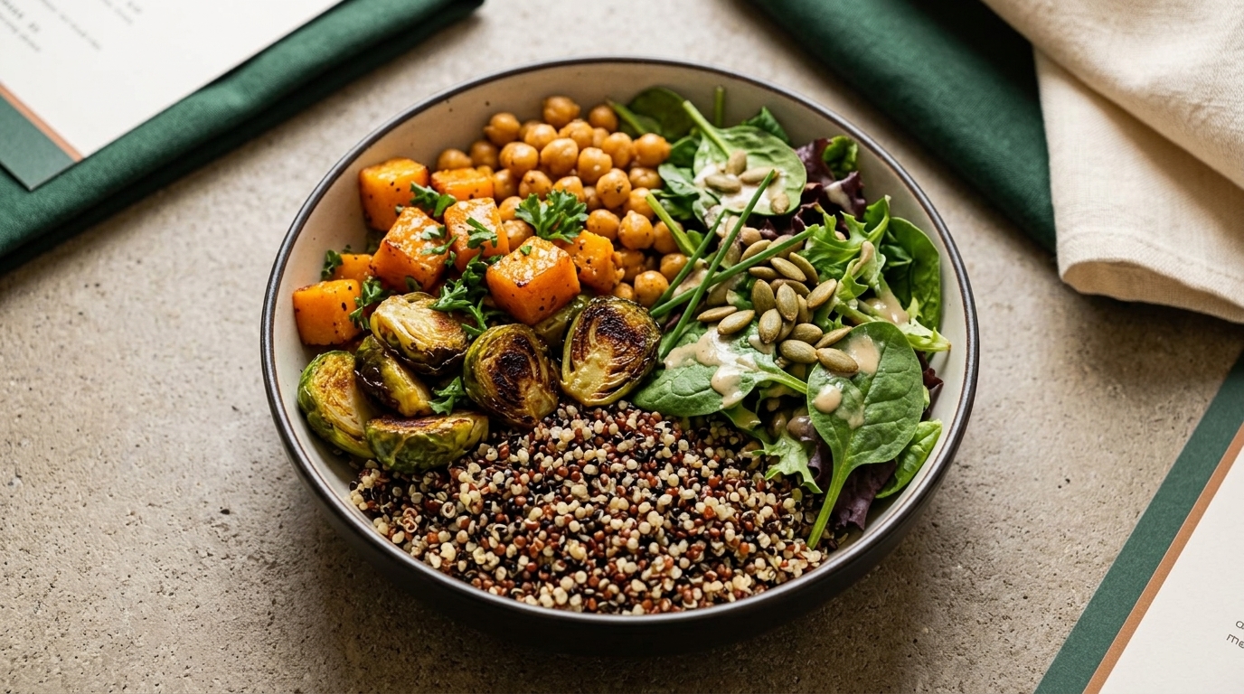 Overhead commercial food photography of a healthy autumn harvest grain bowl with roasted squash, caramelized Brussels sprouts, quinoa, and fresh greens in a ceramic bowl