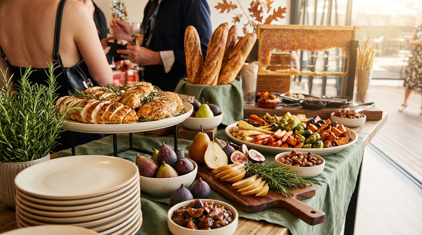 Autumn luncheon catering spread with artisanal breads, cheeses, seasonal roasted vegetables, and fresh pears on a wooden table