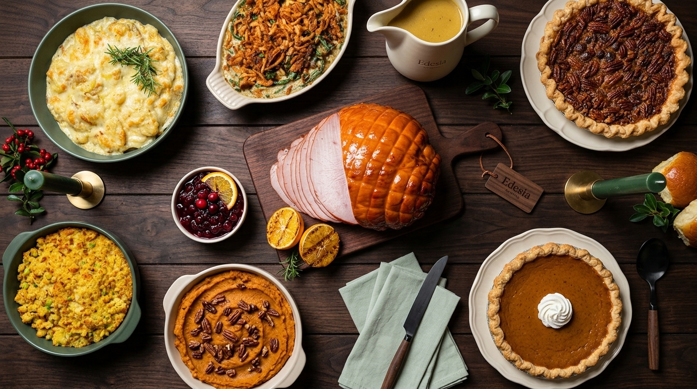 An overhead editorial catering view of a bountiful Friendsgiving feast table featuring roasted meats, seasonal autumn side dishes, gravy, and pies styled with deep green and cream accents