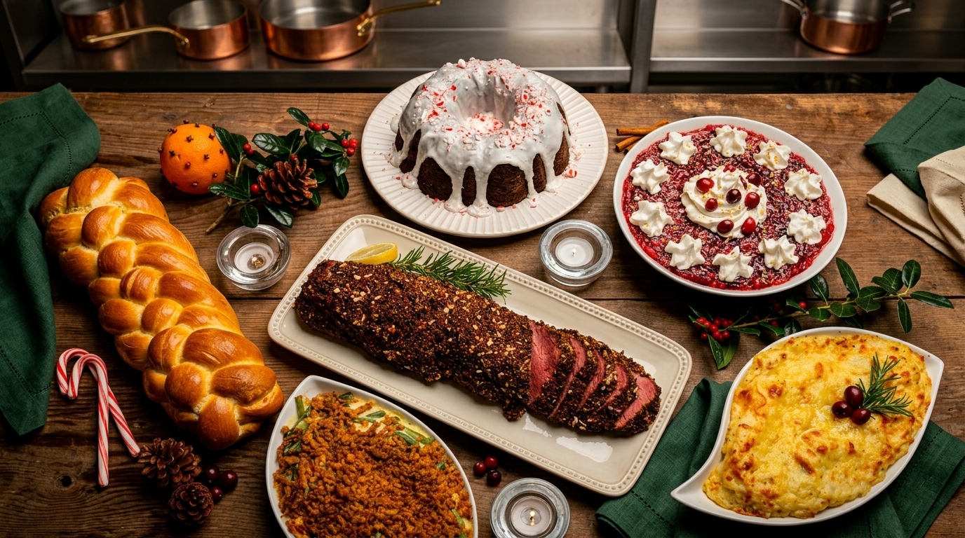 Commercial kitchen holiday party catering spread with sliced herb crusted roast, savory sides, artisan bread, and seasonal dessert displays