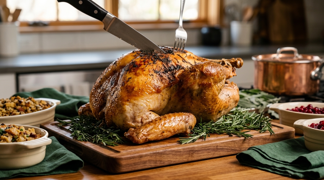 Golden brown roasted Thanksgiving turkey being carved on a wooden board with autumn herbs and catering garnish