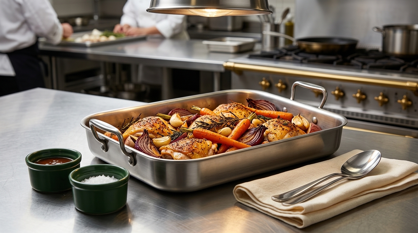 A 16:9 commercial kitchen photograph of roasted chicken and glazed autumn root vegetables in a stainless roasting pan on a prep table with deep green ramekins.