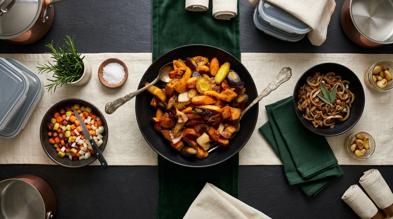Illustrative overhead roasted vegetable bowl with serving utensils, cream linen and forest green accents for an autumn catering guide.