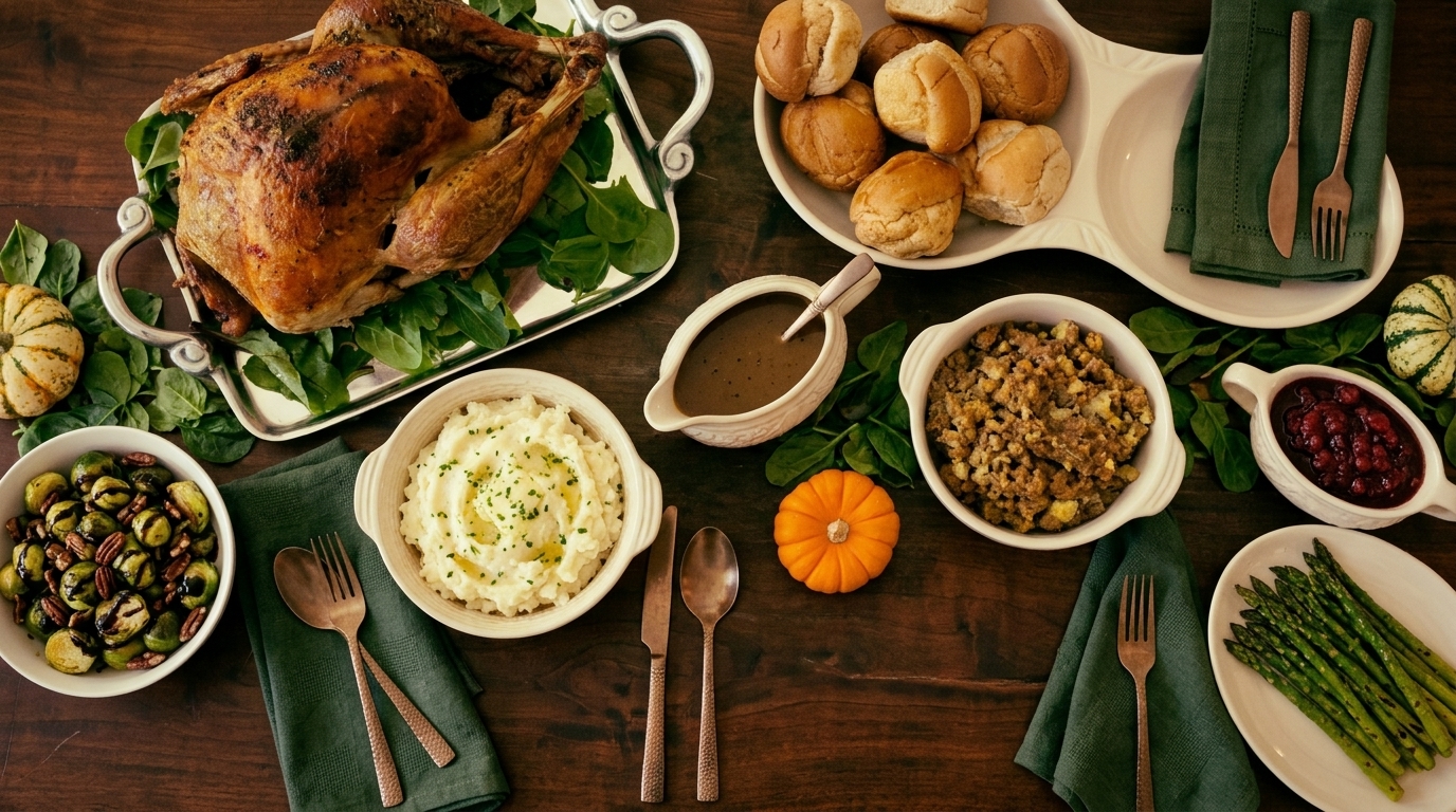 Thanksgiving dinner feast table featuring roasted turkey, savory side dishes, stuffing, and dinner rolls styled with deep green linens for commercial catering