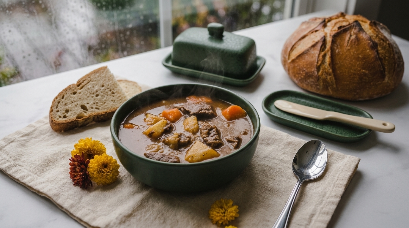 Steaming bowl of braised beef and autumn vegetable stew on a rustic restaurant table with crusty artisan bread