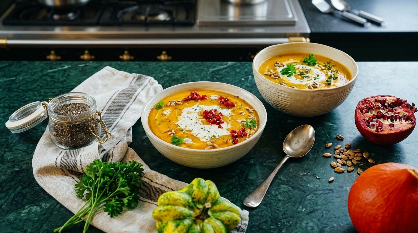 Bowls of velvety autumn butternut squash soup garnished with toasted pumpkin seeds and cream on a green commercial kitchen counter