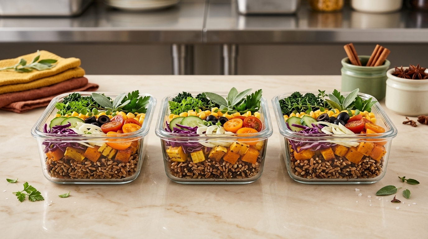 Commercial kitchen batch meal prep containers with roasted autumn grains and vegetables on a prep table