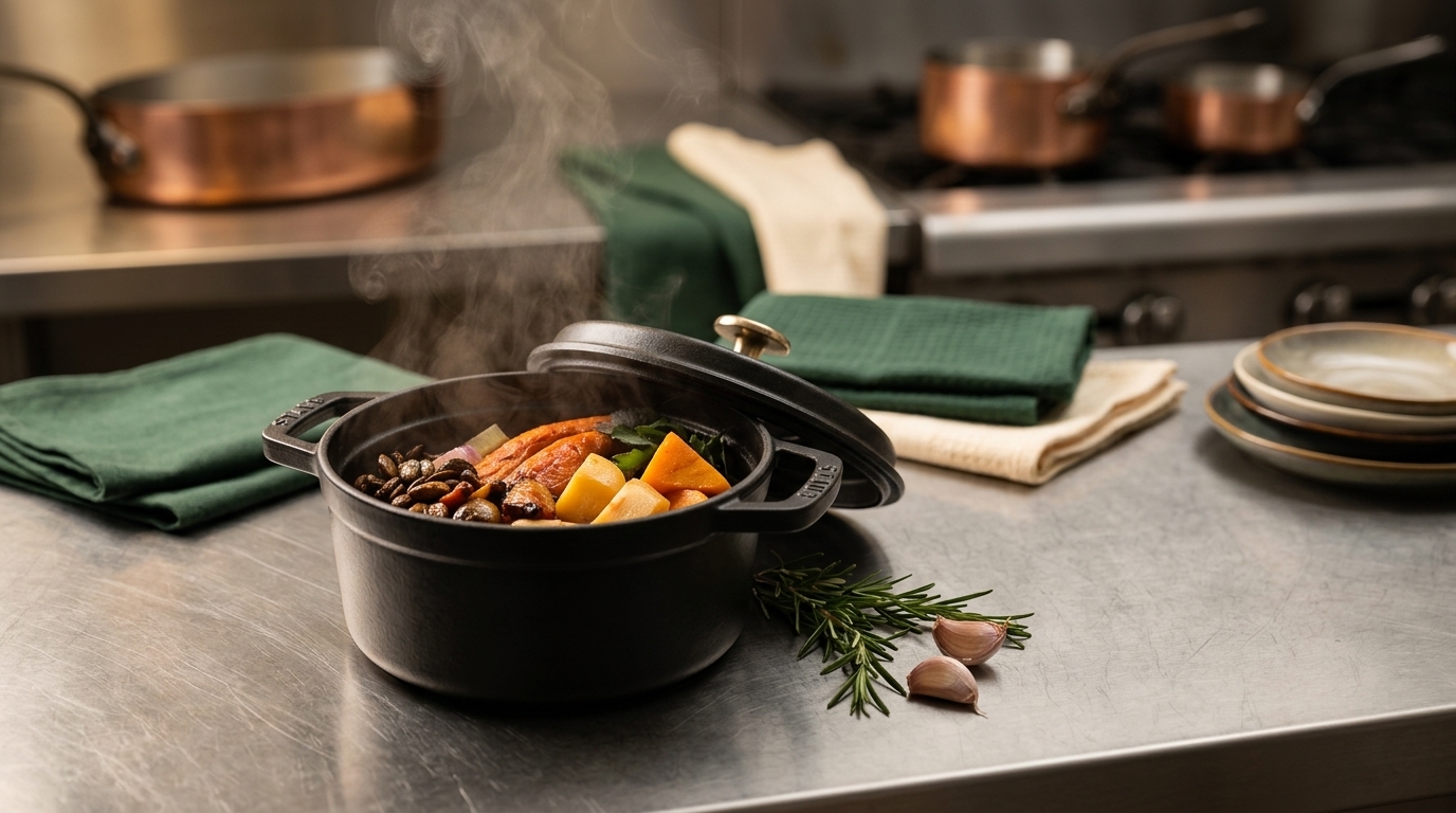 Hearty braised comfort food in a black cast iron cocotte surrounded by fresh herbs and rustic kitchen elements in a restaurant kitchen