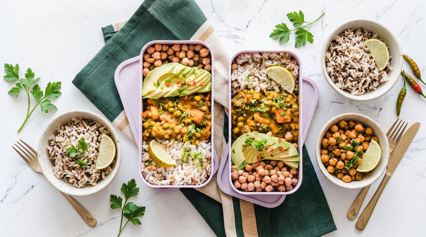 Overhead view of healthy corporate work meal boxes with wild rice, seasoned chickpeas, sliced avocado, and fresh herbs in sustainable commercial catering containers on a bright counter
