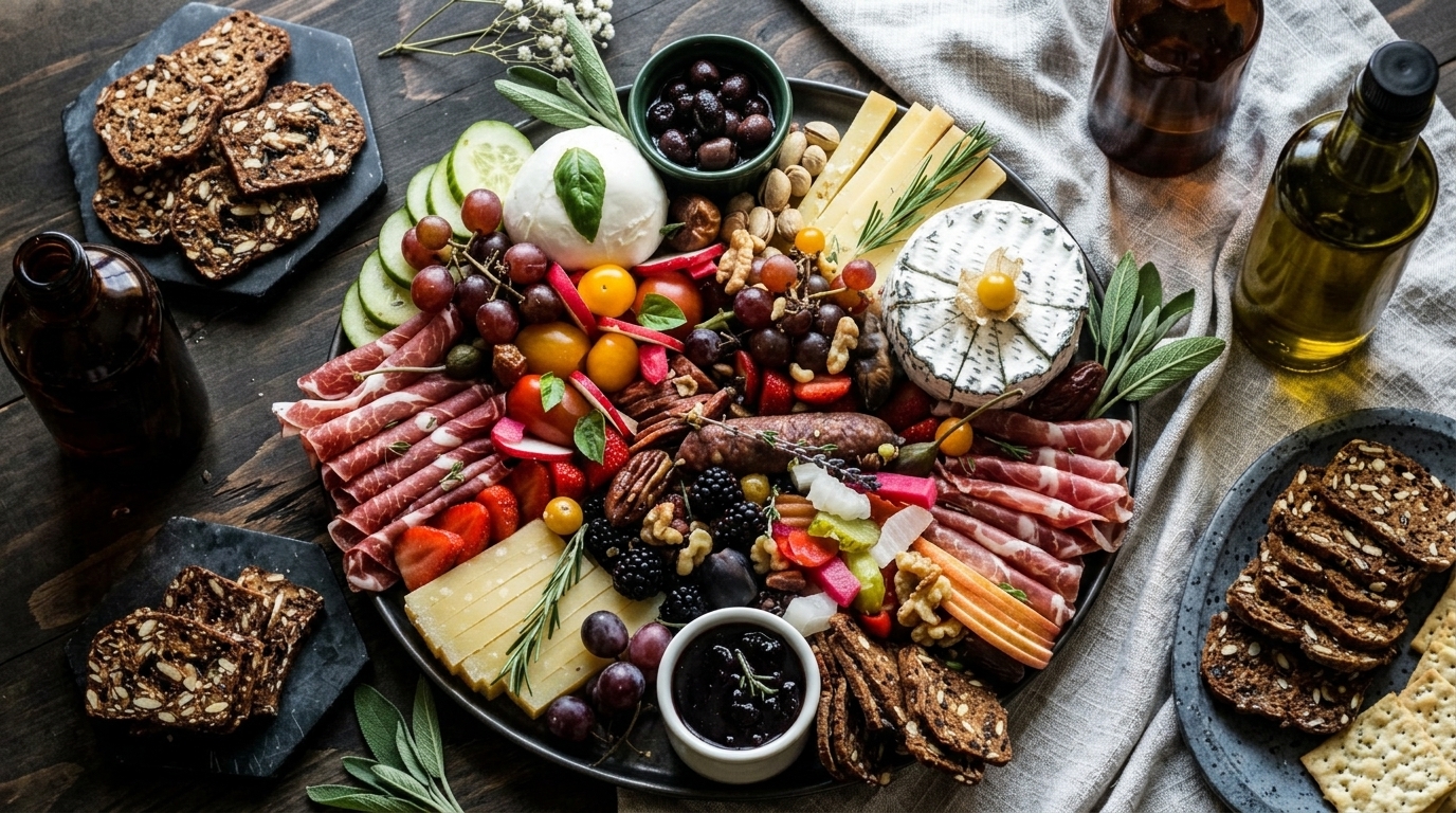 An upscale adult Halloween catering grazing board featuring artisan cheeses, cured meats, dark berries, and autumn herbs on a dark wooden table