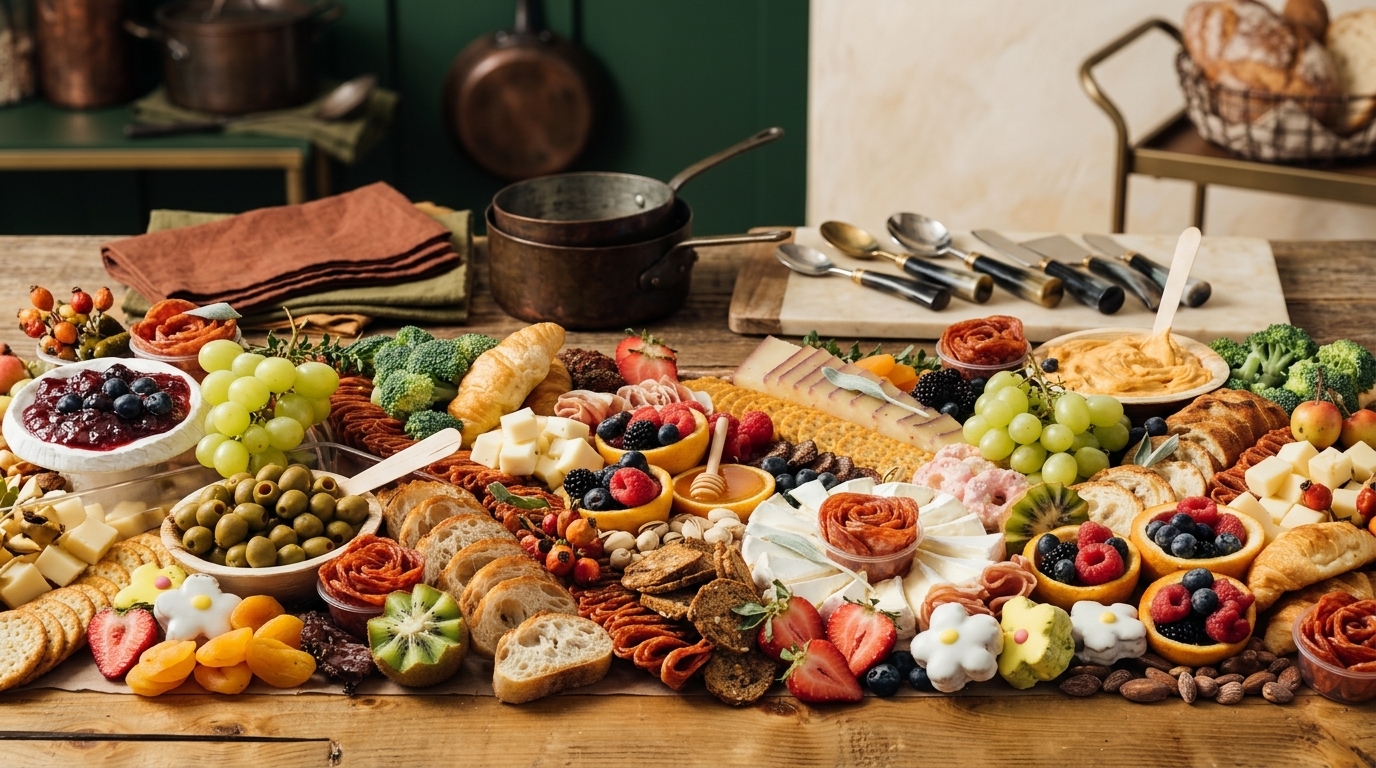 Thanksgiving appetizer catering spread featuring autumn grazing boards, savory bites, and artisanal canapes in a commercial kitchen setting