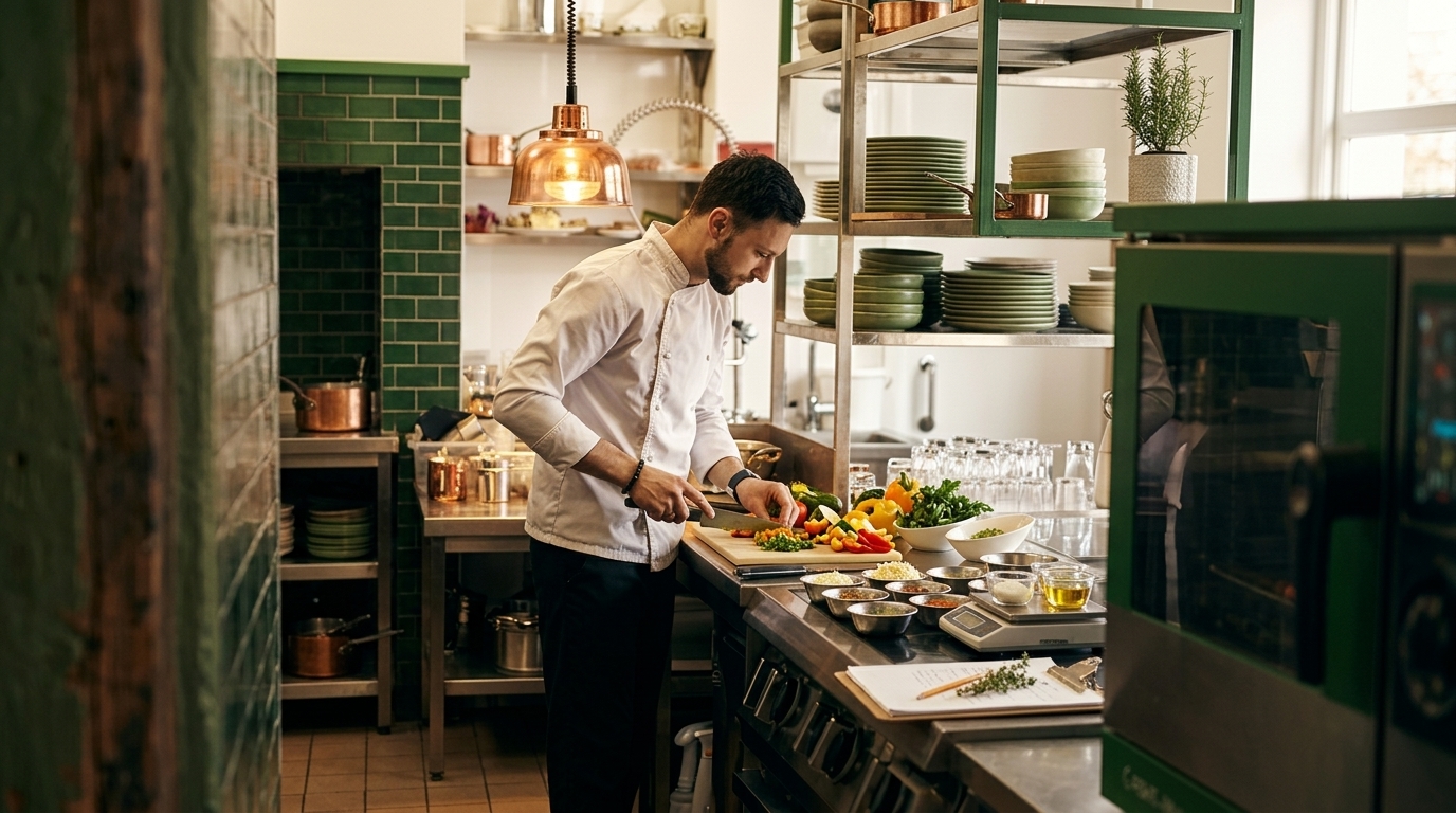 Commercial kitchen chef prepping ingredients at a stainless steel station with fresh vegetables and recipe sheets