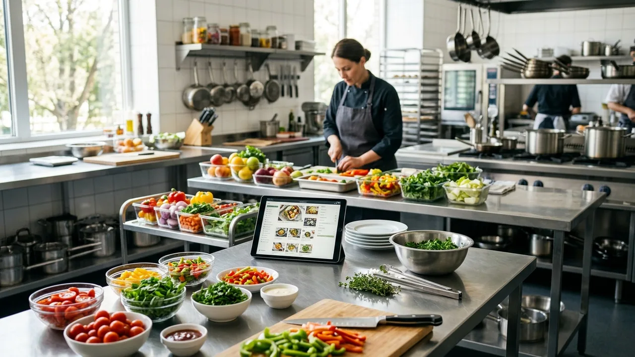 A bright modern commercial catering kitchen with neatly organized prep stations, fresh ingredients in containers, and a tablet resting on a stainless steel counter