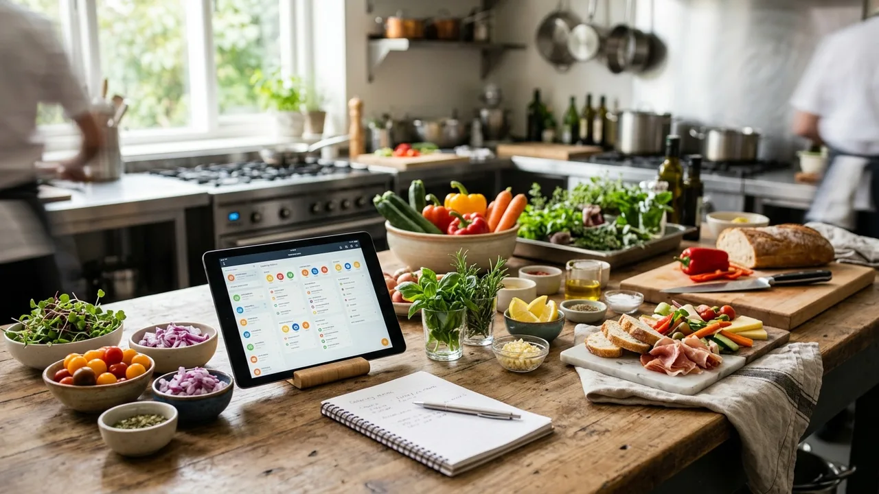 A catering workstation with a tablet, notepad and fresh ingredients arranged on a wooden counter in a sunlit kitchen