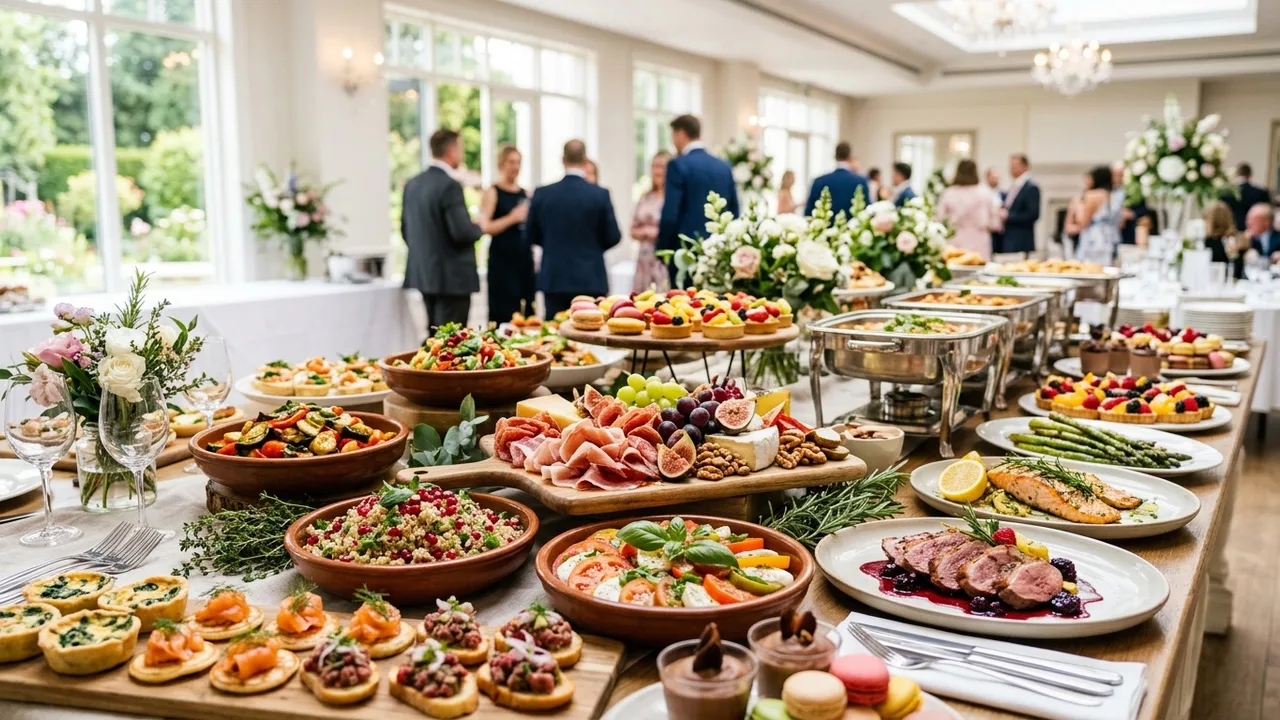 An abundant gourmet catering buffet with carefully arranged dishes and garnishes in a bright event hall