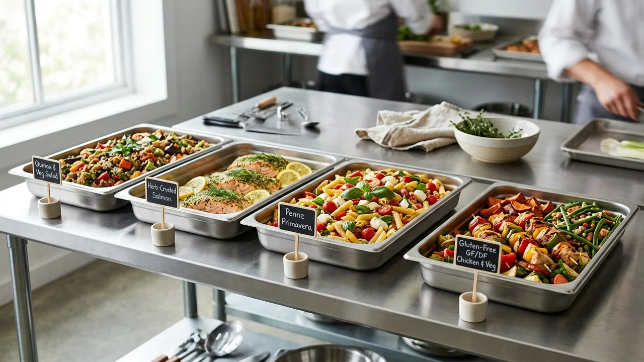 A row of neatly labeled catering trays filled with assorted gourmet dishes on a stainless prep table, one clearly set aside as a special dietary portion