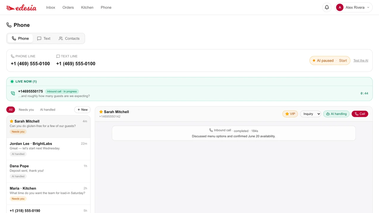Edesia's phone and text view answering catering inquiries in real time, with a live inbound call and AI-handled threads